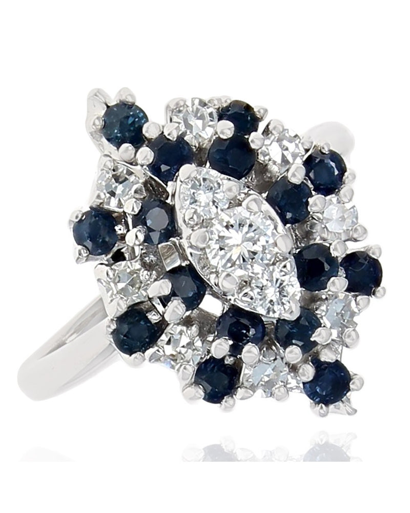 Alternating Diamond and Blue Sapphire Marquise Shaped Halo Ring in White Gold