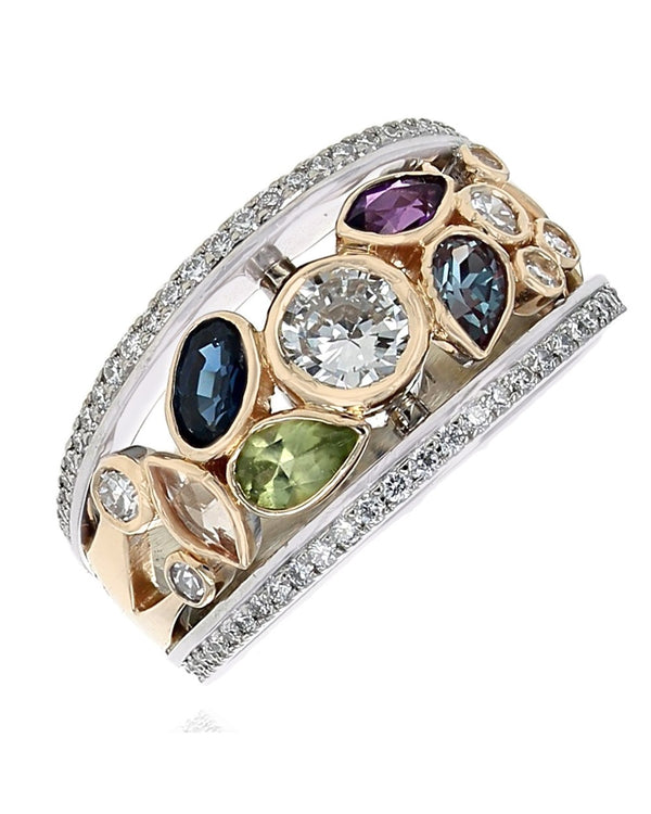 Mixed Gemstone and Diamond Edged Open Tapered Band