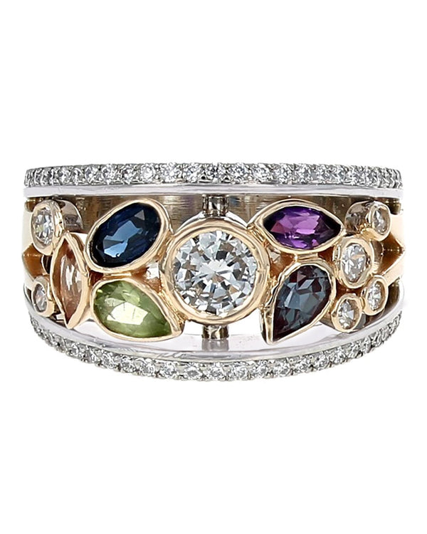 Mixed Gemstone and Diamond Edged Open Tapered Band