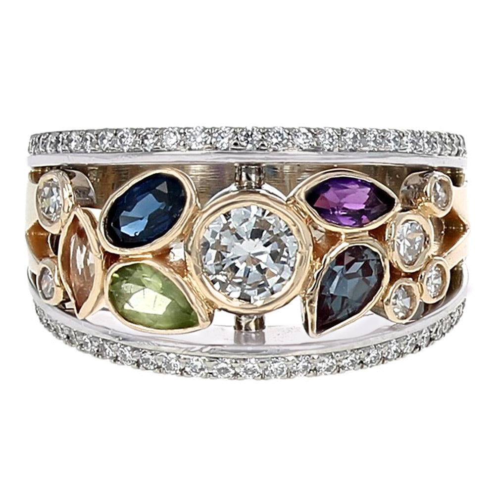 Mixed Gemstone and Diamond Edged Open Tapered Band