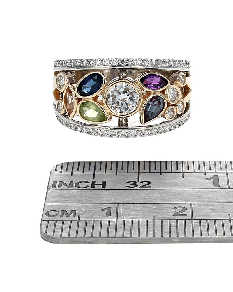 Mixed Gemstone and Diamond Edged Open Tapered Band