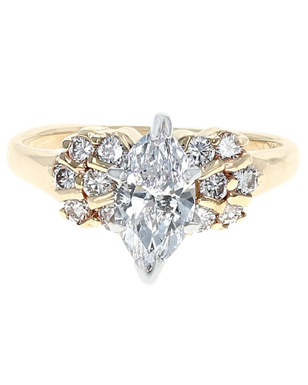 Marquise and Round Diamond Engagement Ring in White and Yellow Gold