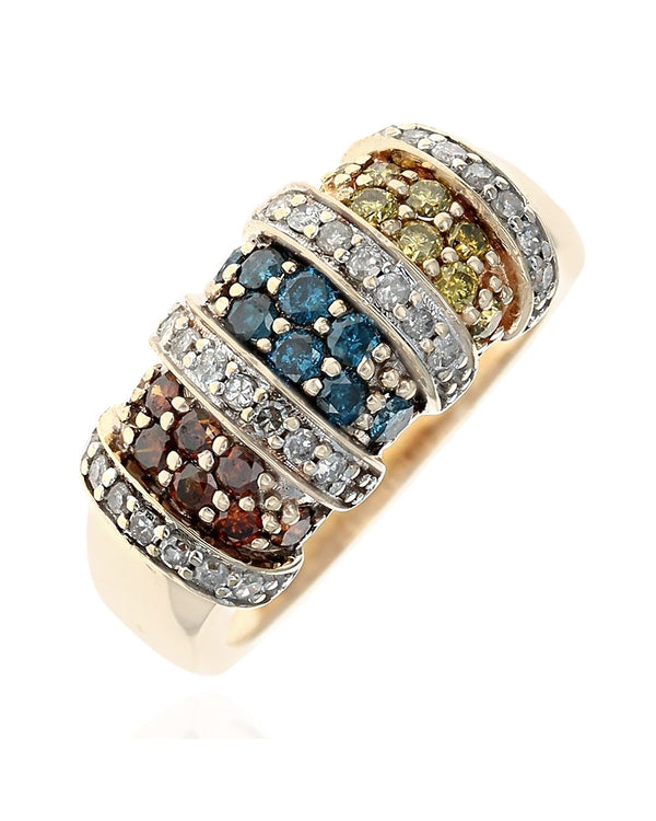 Irradiated and White Diamond Vertical Bar Split Ring in Yellow Gold