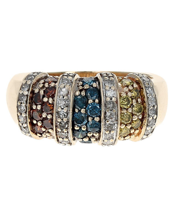 Irradiated and White Diamond Vertical Bar Split Ring in Yellow Gold