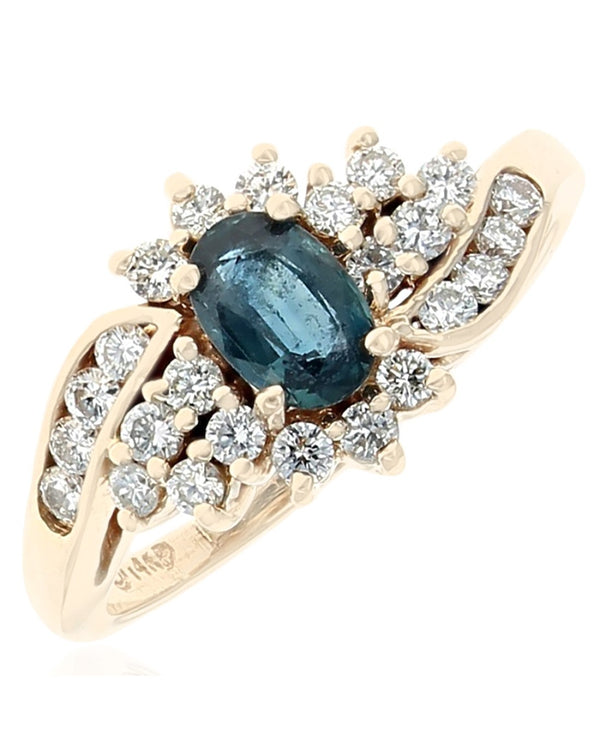 Blue Sapphire and Diamond Halo Bypass Ring in Yellow Gold