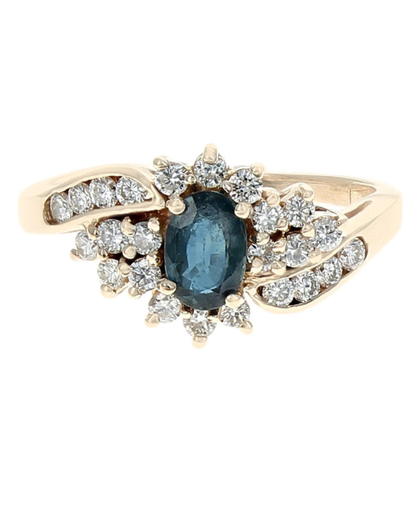 Blue Sapphire and Diamond Halo Bypass Ring in Yellow Gold