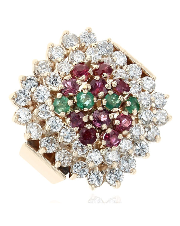 Ruby, Emerald, and Diamond Double Halo Ring in Yellow Gold