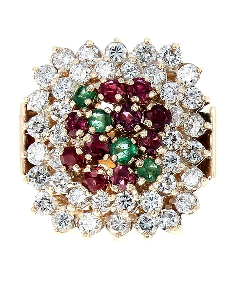 Ruby, Emerald, and Diamond Double Halo Ring in Yellow Gold