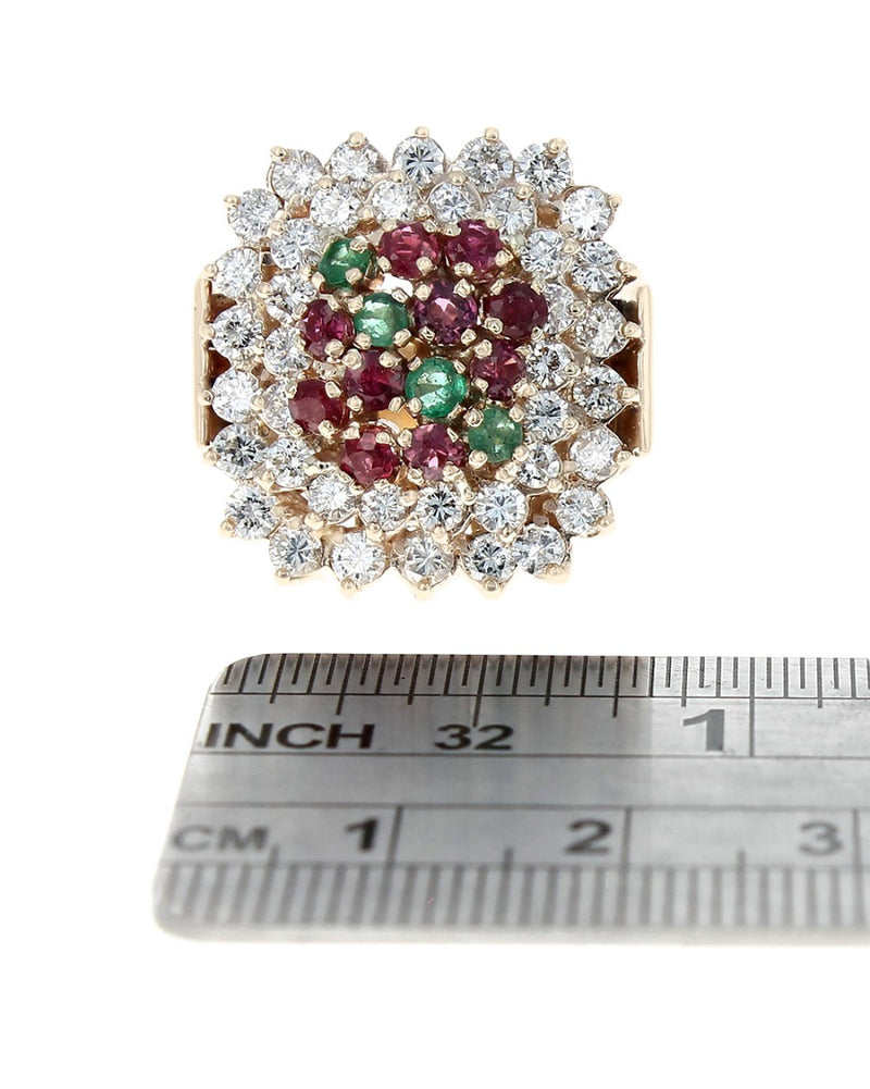 Ruby, Emerald, and Diamond Double Halo Ring in Yellow Gold