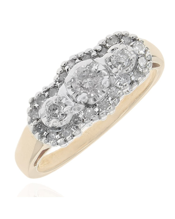Diamond Triple Halo Cluster Ring in White and Yellow Gold