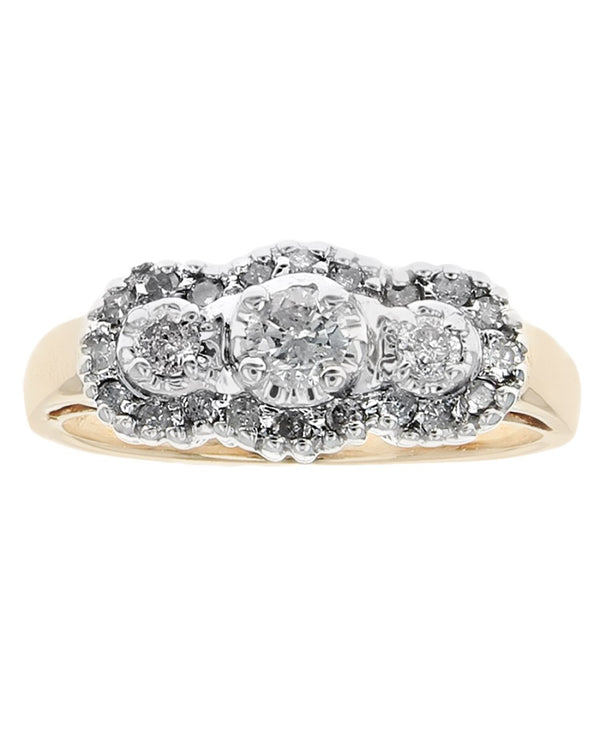 Diamond Triple Halo Cluster Ring in White and Yellow Gold