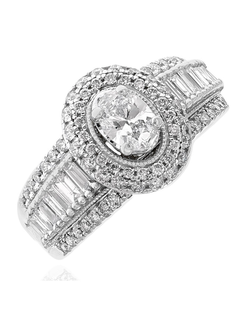 Mixed Cut Diamond Double Halo Milgrain Engagement Ring in White Gold