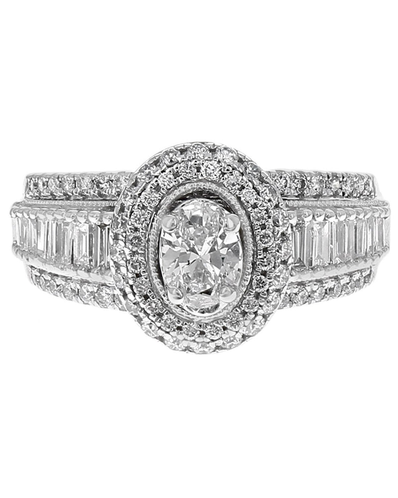 Mixed Cut Diamond Double Halo Milgrain Engagement Ring in White Gold