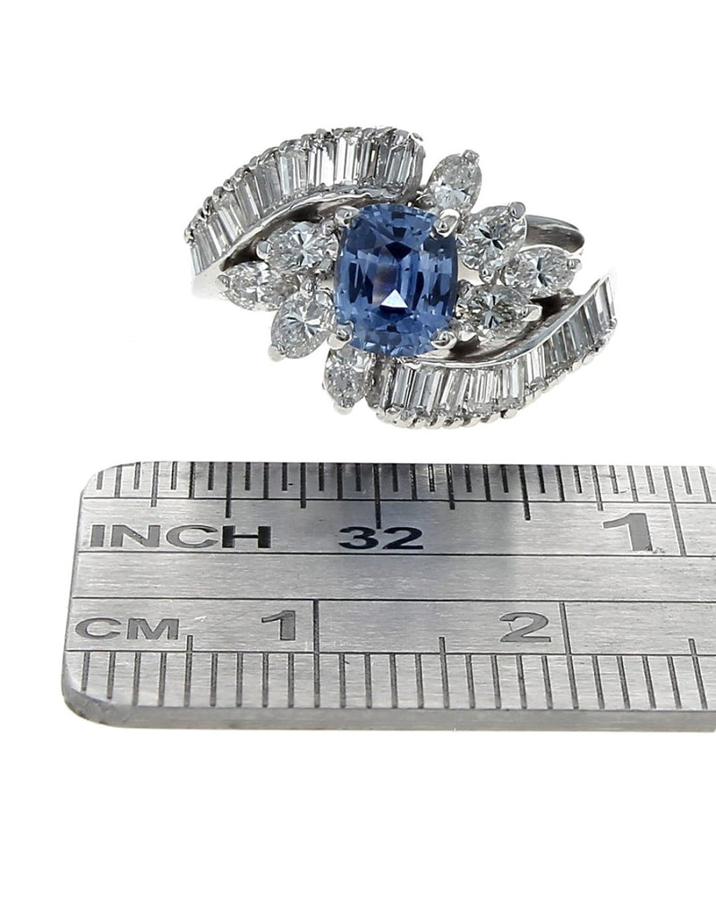 Blue Sapphire and Diamond Cluster Bypass Ring in White Gold