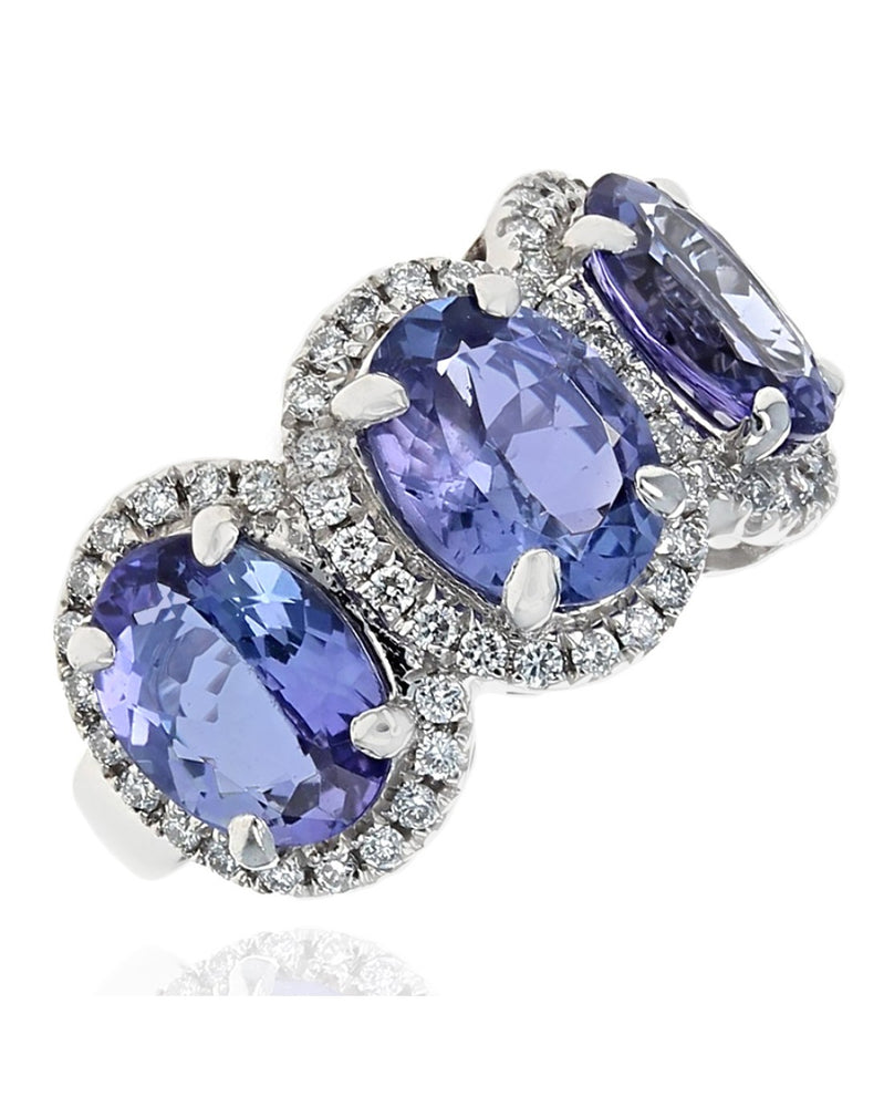 3 Station Tanzanite and Diamond Halo Ring