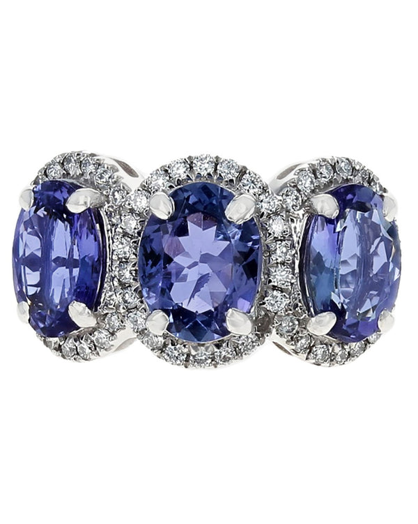 3 Station Tanzanite and Diamond Halo Ring