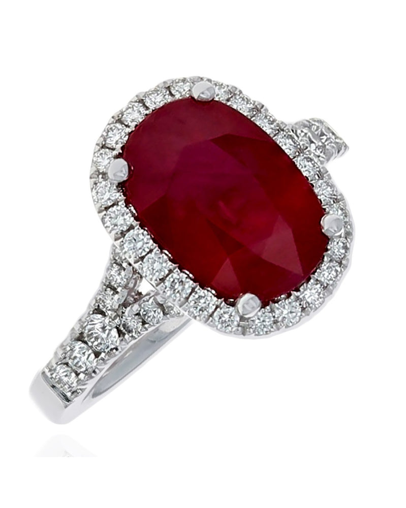 Ruby and Diamond Halo Split Shank Ring in Platinum