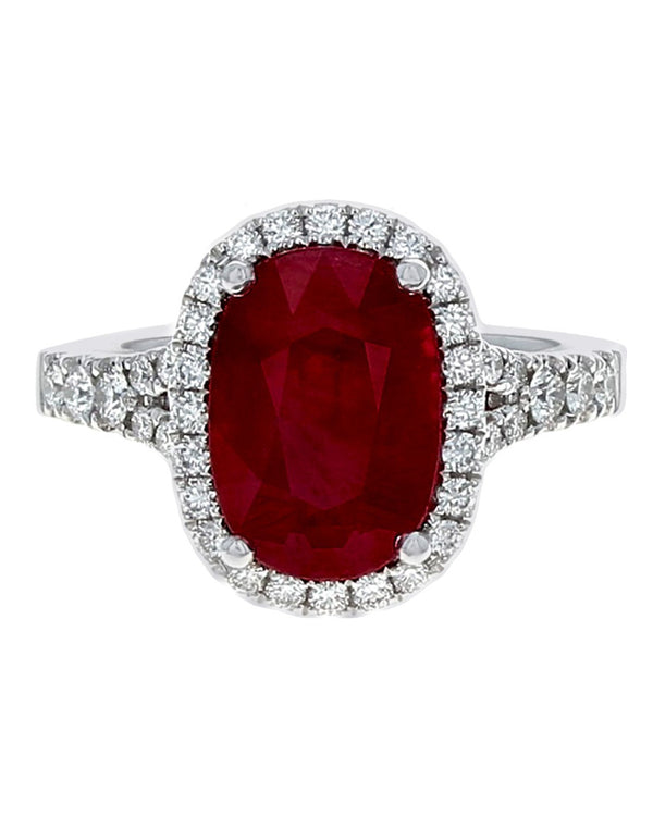 Ruby and Diamond Halo Split Shank Ring in Platinum