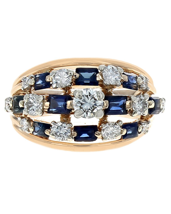 Three Row Alternating Diamond and Blue Sapphire Split Shank Ring in Yellow Gold