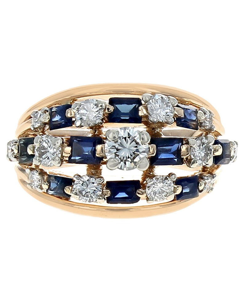 Three Row Alternating Diamond and Blue Sapphire Split Shank Ring in Yellow Gold