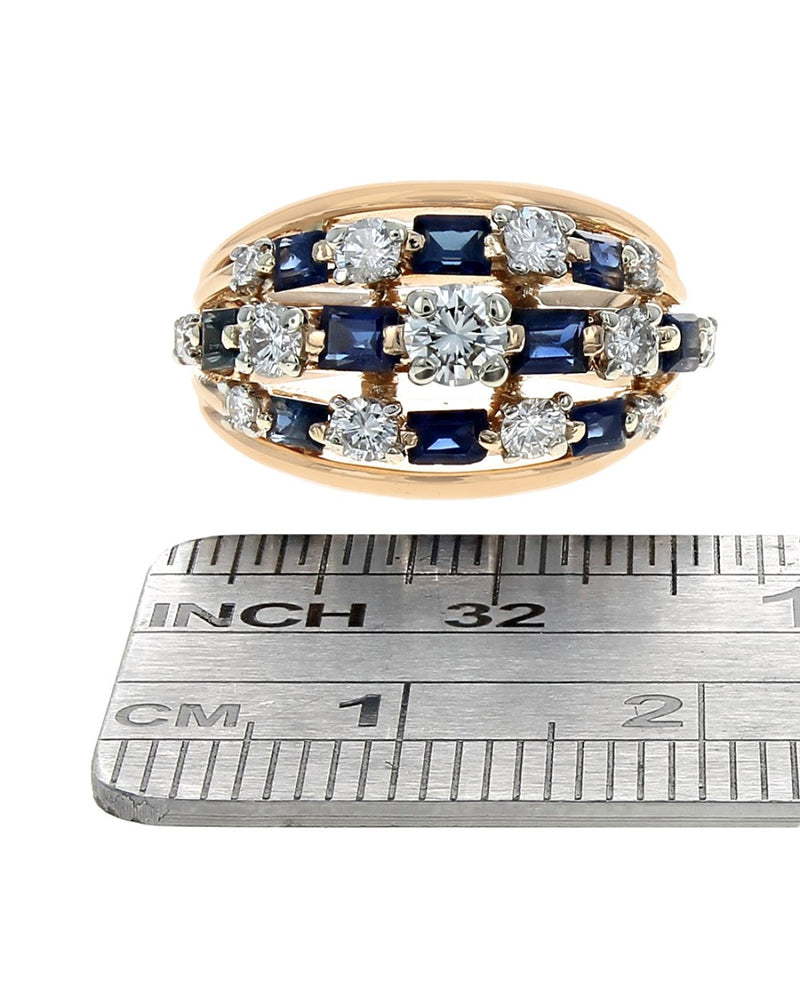 Three Row Alternating Diamond and Blue Sapphire Split Shank Ring in Yellow Gold