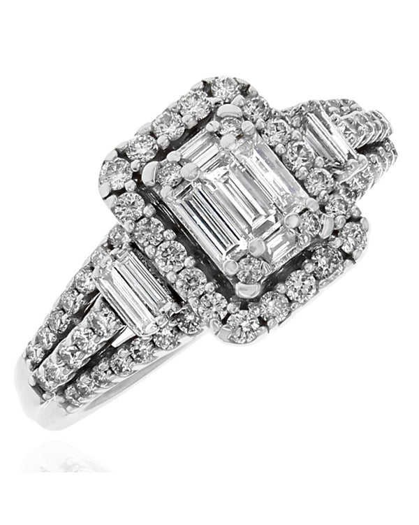 Three Row Diamond Halo Split Shank Engagement Ring in White Gold