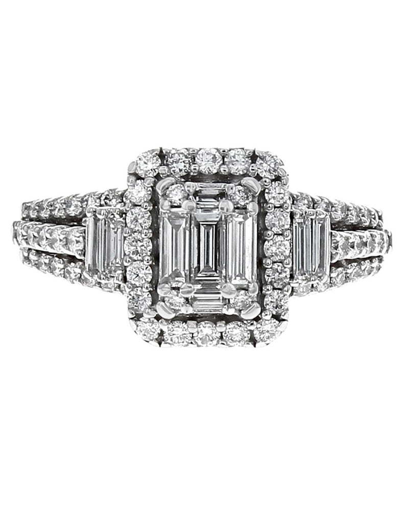 Three Row Diamond Halo Split Shank Engagement Ring in White Gold