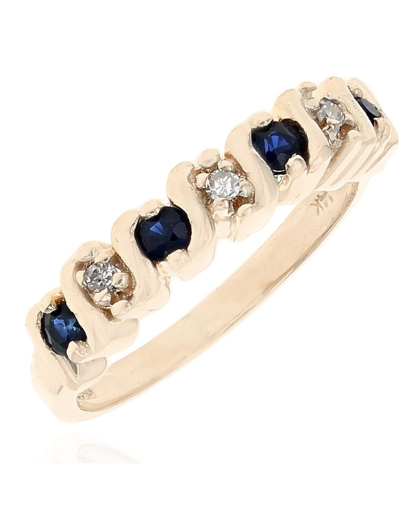 Alternating Blue Sapphire and Diamond S Curve Ring in Yellow Gold