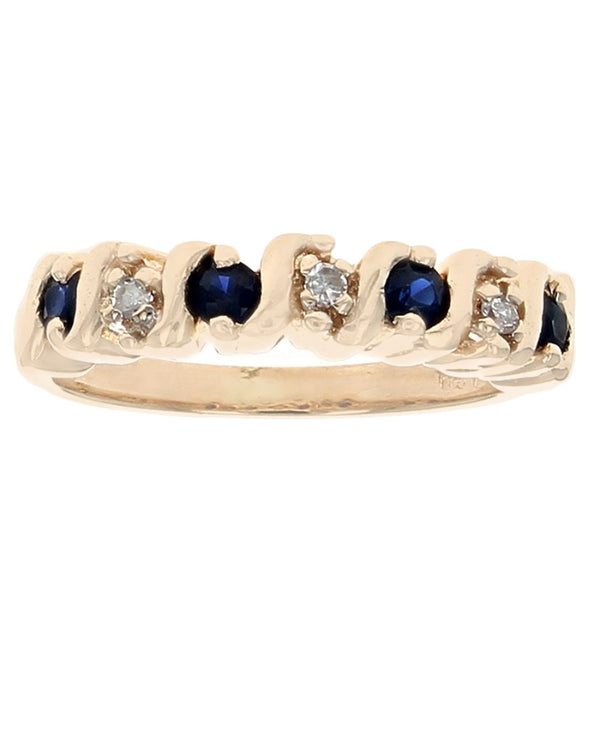 Alternating Blue Sapphire and Diamond S Curve Ring in Yellow Gold
