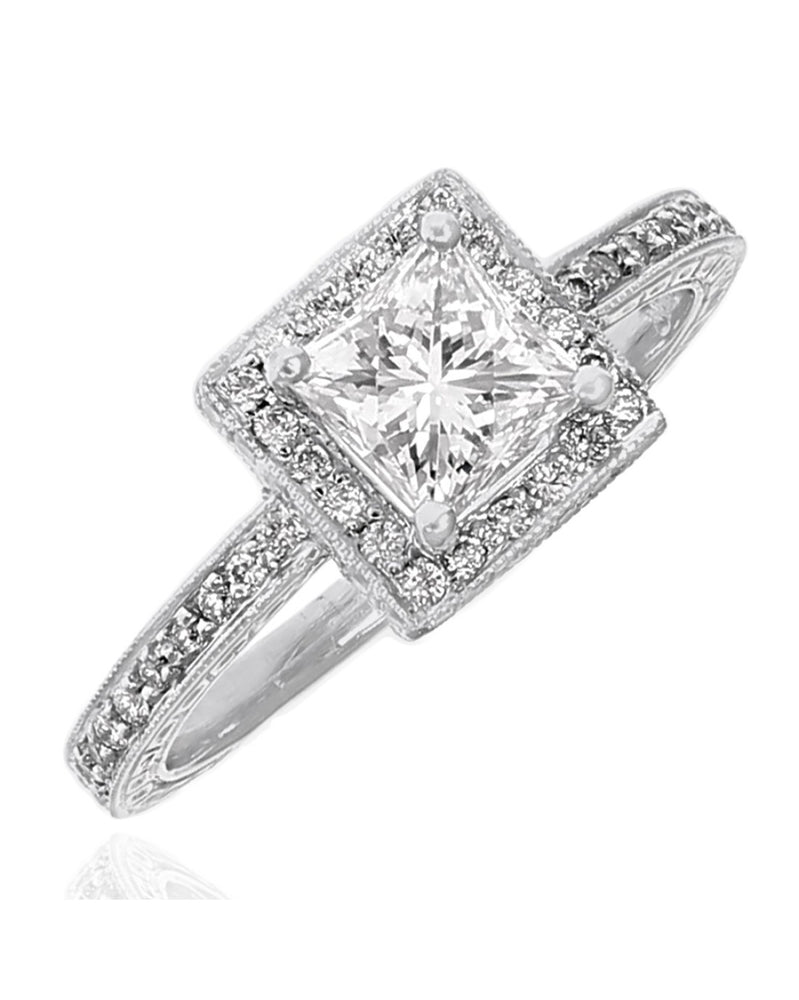 Diamond Square Halo Milgrain Accent Engagement Ring in Platinum