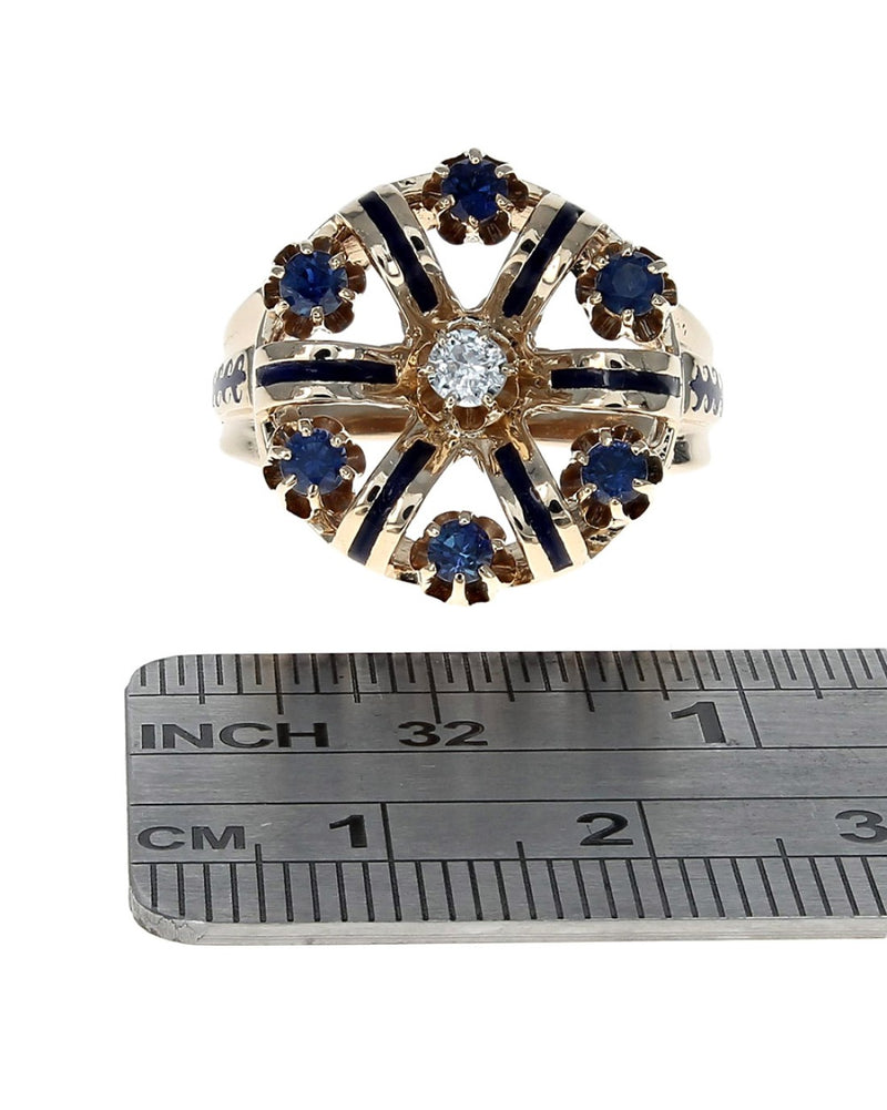 Vintage Sapphire, Diamond and Blue Enamel Ring