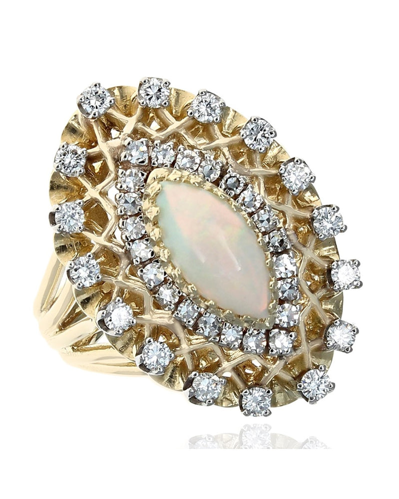 Ethiopian Opal and Diamond Double Halo Lattice Accent Ring in White and Yellow Gold