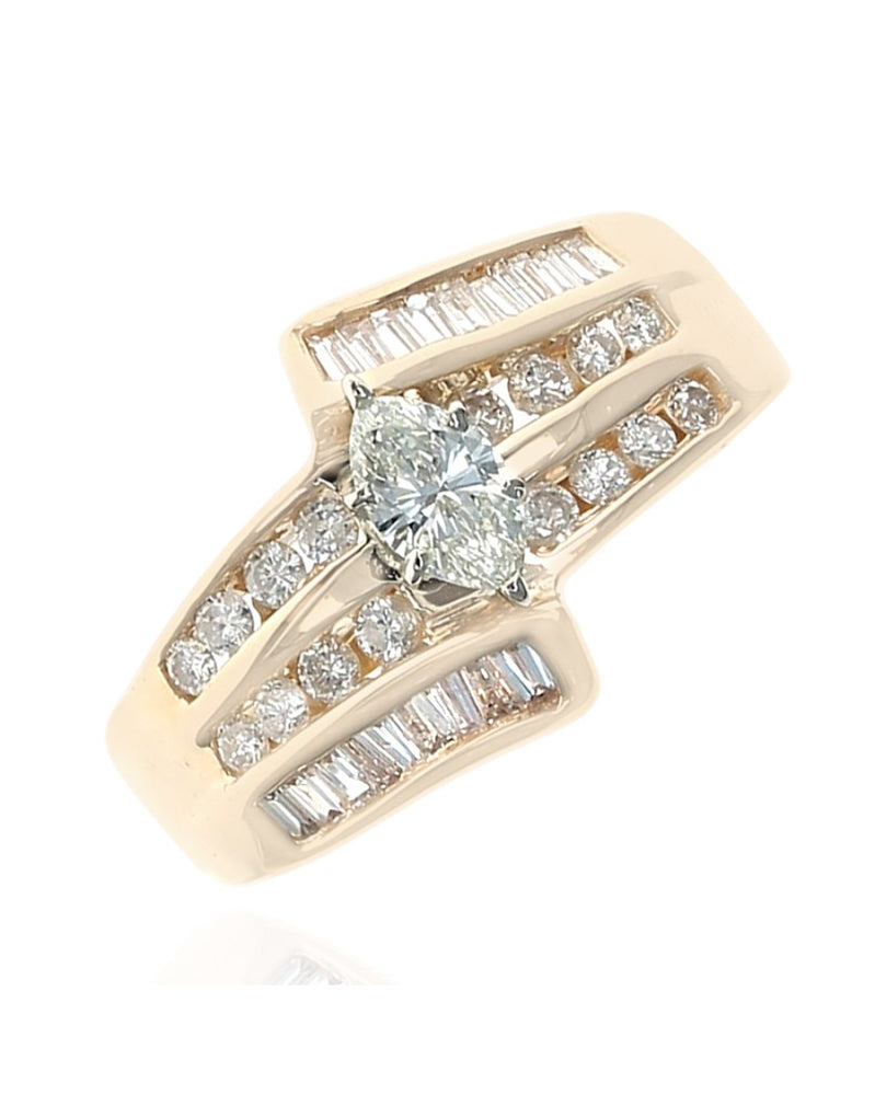 3 Row Mixed Diamond Bypass Ring in Yellow Gold