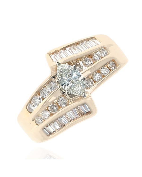3 Row Mixed Diamond Bypass Ring in Yellow Gold