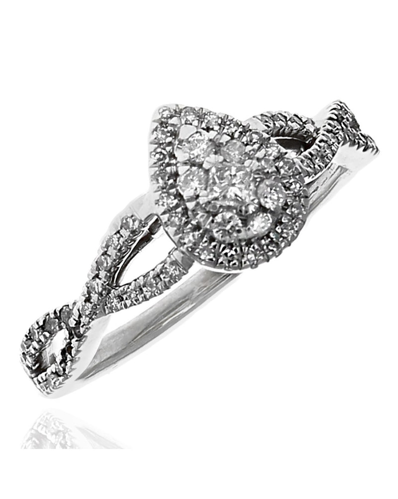 Mixed Diamond Pear Shaped Halo Engagement Ring in White Gold