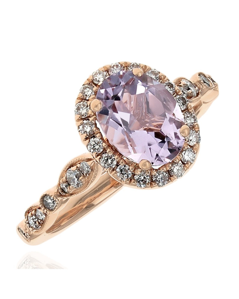 Rose Quartz and Diamond Halo Milgrain Accent Ring