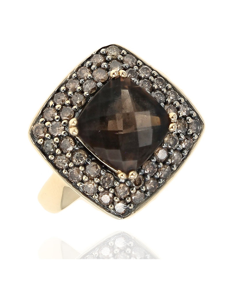 Smoky Quartz and Diamond Square Halo Ring in Yellow Gold
