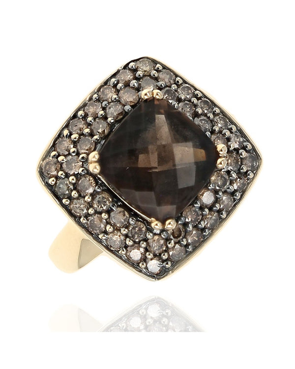 Smoky Quartz and Diamond Square Halo Ring in Yellow Gold