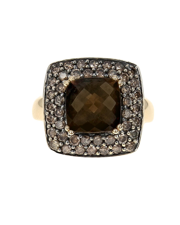 Smoky Quartz and Diamond Square Halo Ring in Yellow Gold