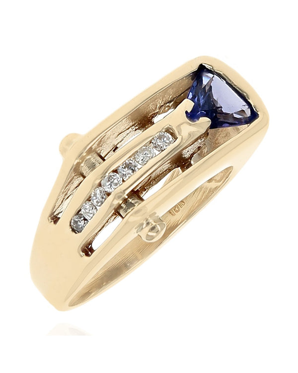 Trillion Tanzanite and Diamond Open Horizontal Tapered Ring