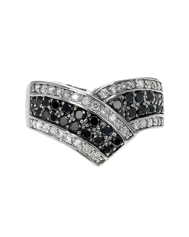 Four Row Black and White Diamond Chevron Ring in White Gold