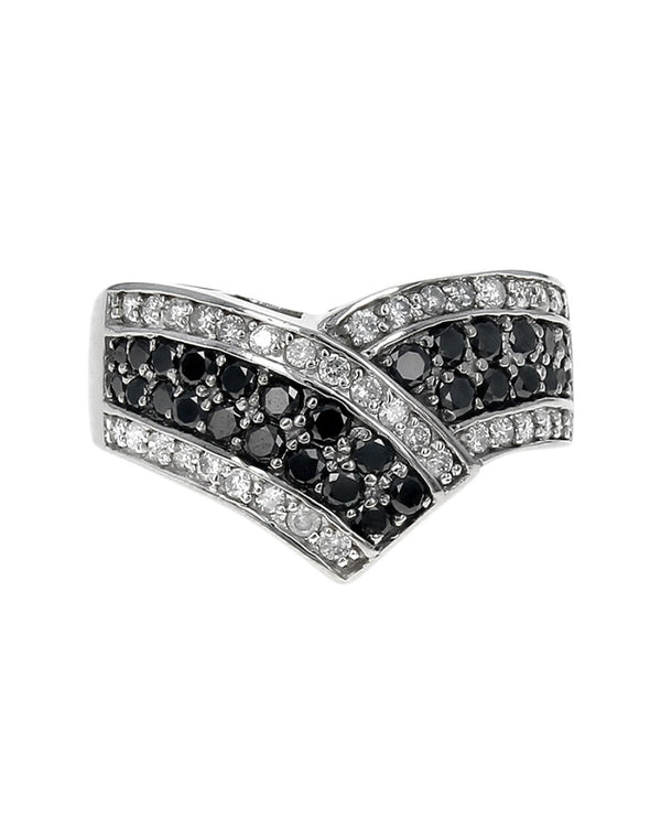 Four Row Black and White Diamond Chevron Ring in White Gold