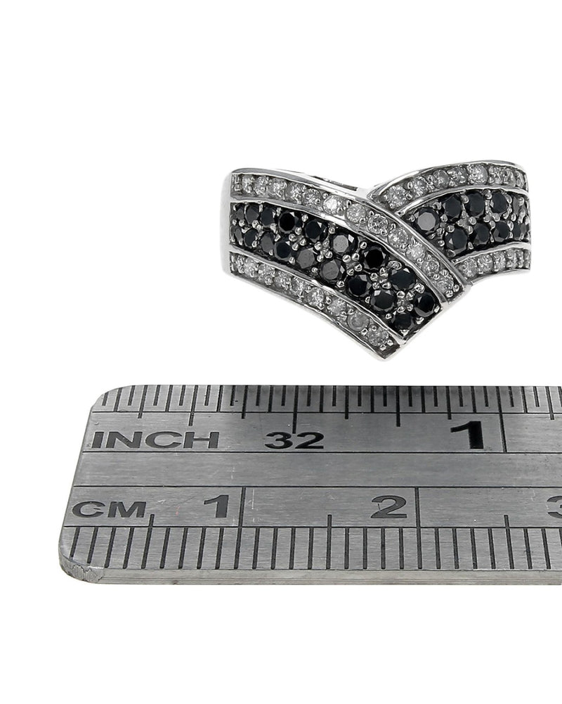 Four Row Black and White Diamond Chevron Ring in White Gold