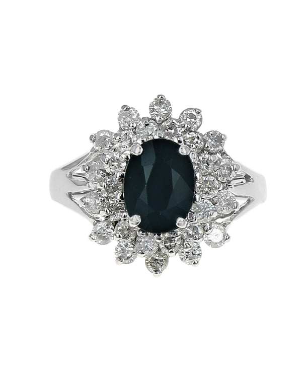 Dark Blue Sapphire and Diamond Double Halo Ring