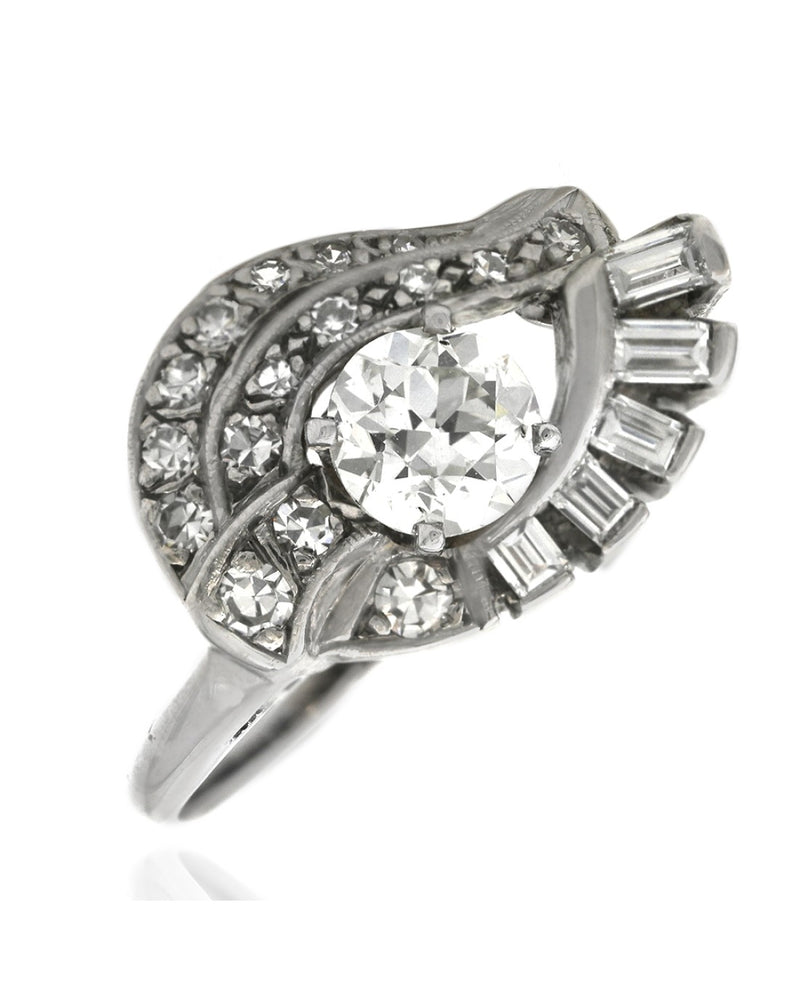 Vintage Mixed Cut Diamond Bypass Ring in White Gold