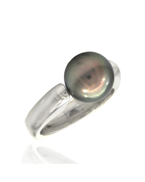 Silver Tahitian Pearl Solitaire Square Shank Ring