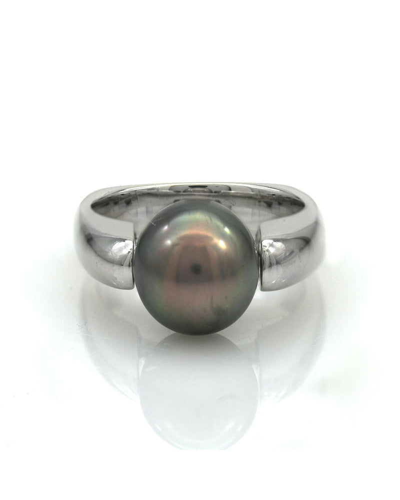 Silver Tahitian Pearl Solitaire Square Shank Ring