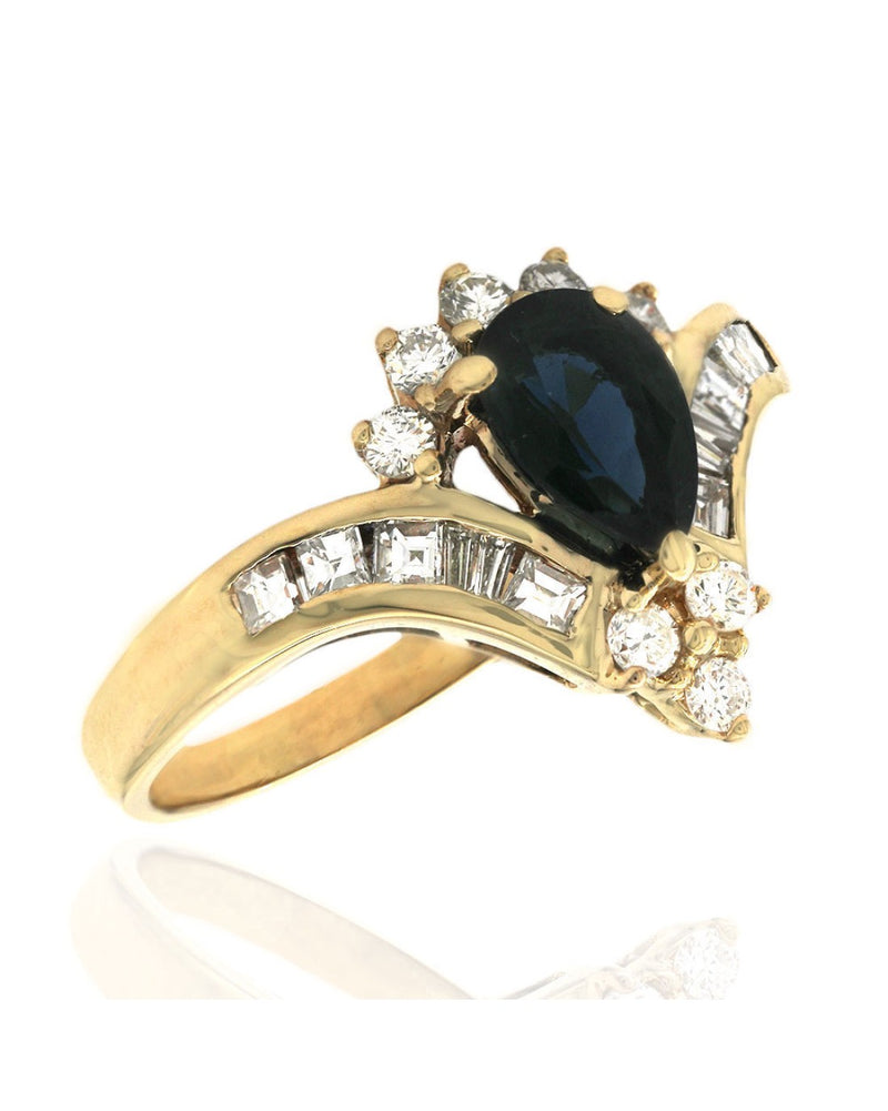 Australian Blue Sapphire and Mixed Cut Diamond Chevron Motif Ring