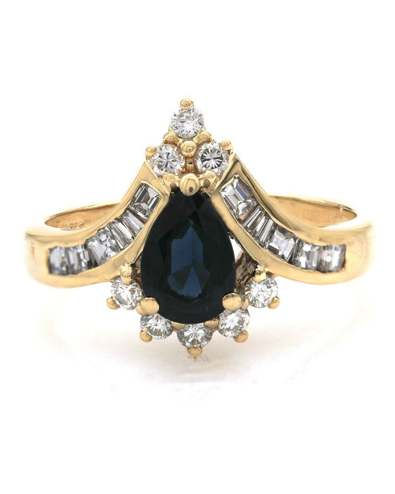 Australian Blue Sapphire and Mixed Cut Diamond Chevron Motif Ring