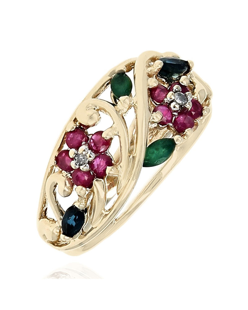 Multi-Gem Open Cut Floral Motif Ring in Yellow Gold